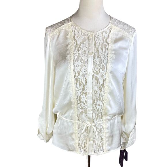 Hale Bob NWT Cream White Charmeuse Lacy Sheer Long Sleeve Button Up Blouse - Picture 2 of 14